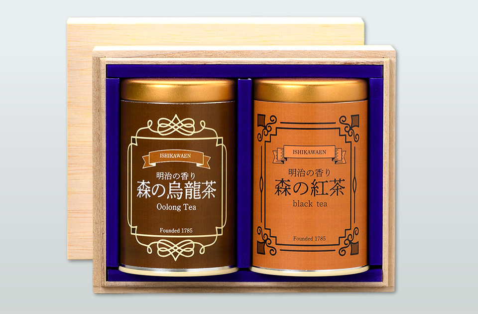 明治の香り 森の烏龍茶・森の紅茶セット 50g化粧缶×2桐箱
